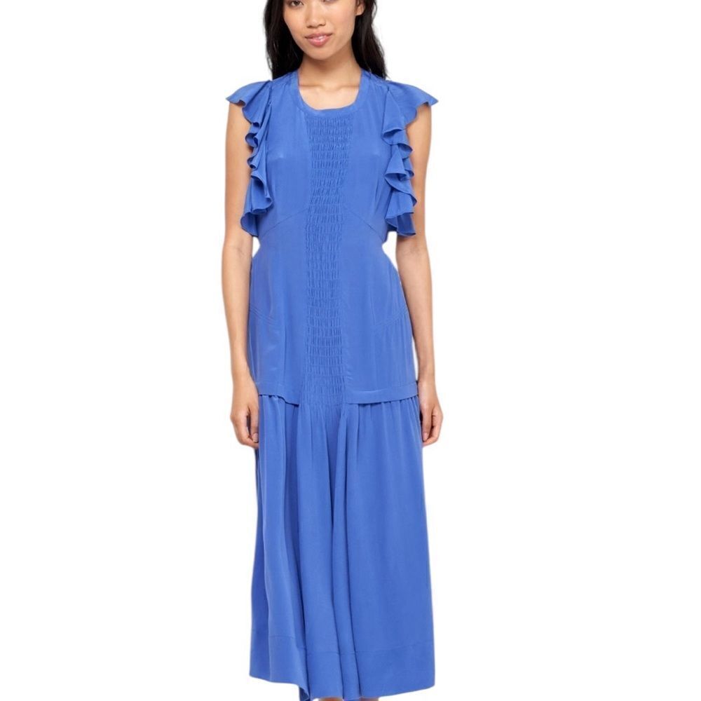 Joie Polly Blue Silk Flutter Sleeve Smocked MaxiโDress | Size M